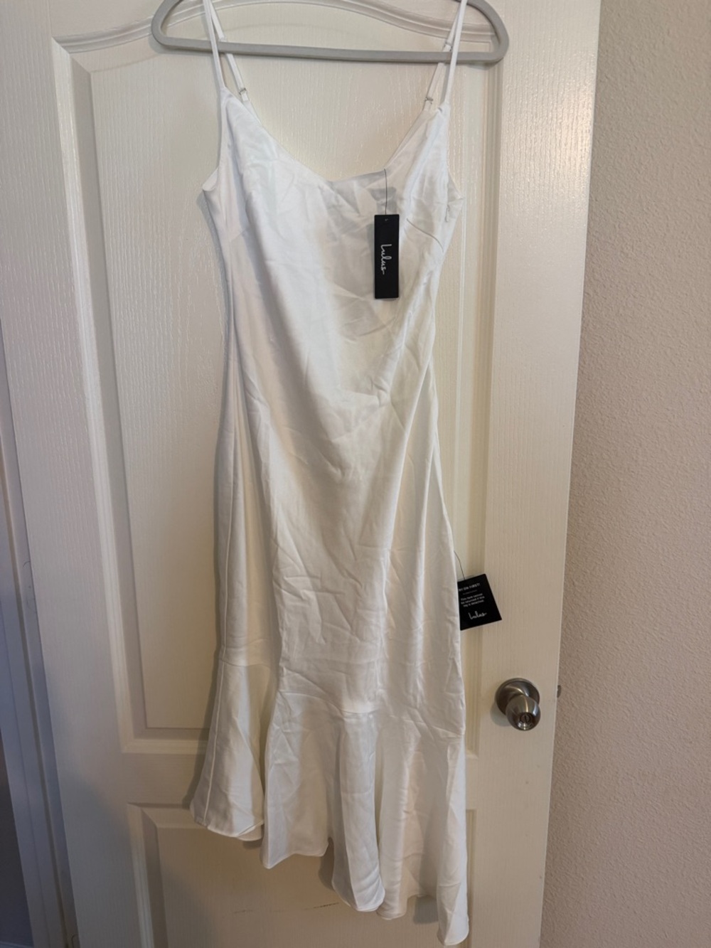 Lulu's White Satin Slip Midi Dress with Fluted Hem